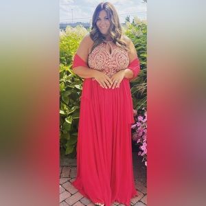 Red embellished evening gown